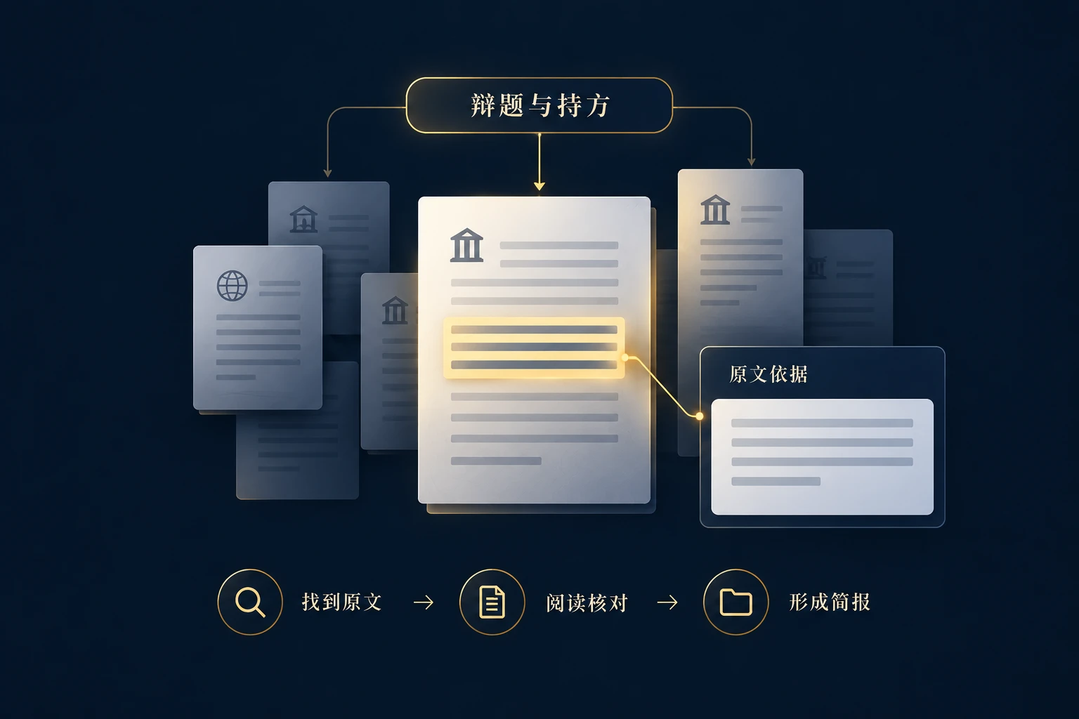 从辩题与持方出发寻找原文,核对相关段落,形成保留原文依据的简报