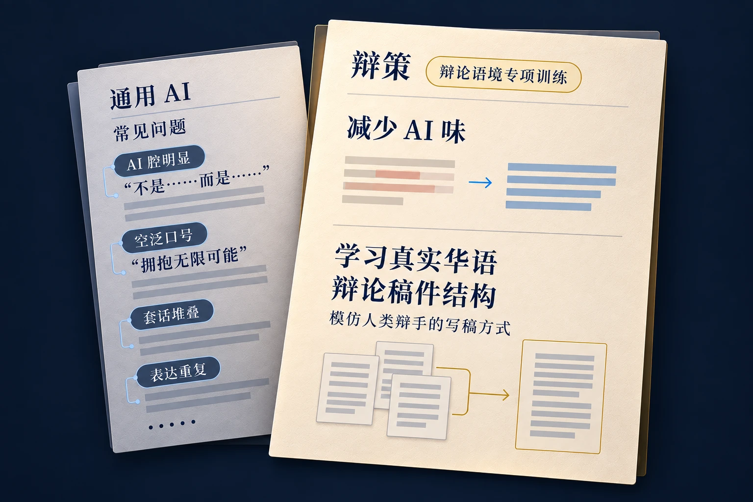 通用 AI 的常见问题包括 AI 腔、空泛口号、套话堆叠和表达重复。辩策专项训练减少 AI 味,学习真实华语辩论稿件结构,模仿人类辩手的写稿方式。