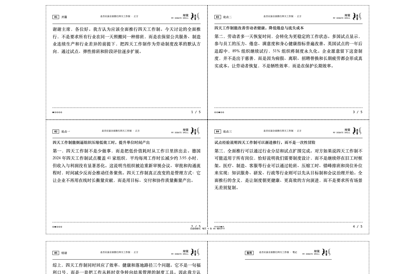 辩策生成的一辩稿手卡打印页,四宫格展示可裁切稿件卡